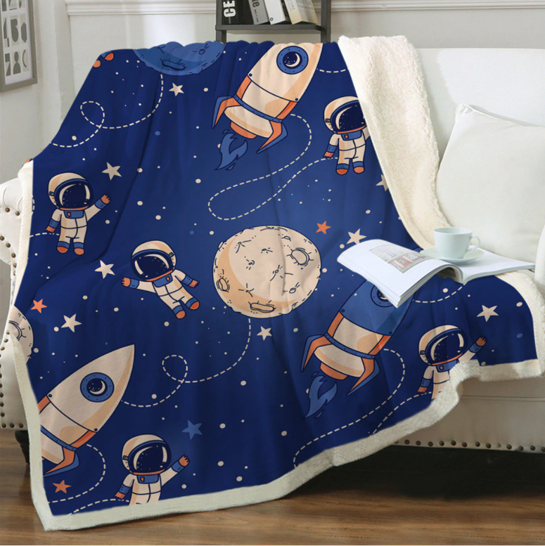Astronaut and Spaceship Sherpa Fleece Throw Blanket
