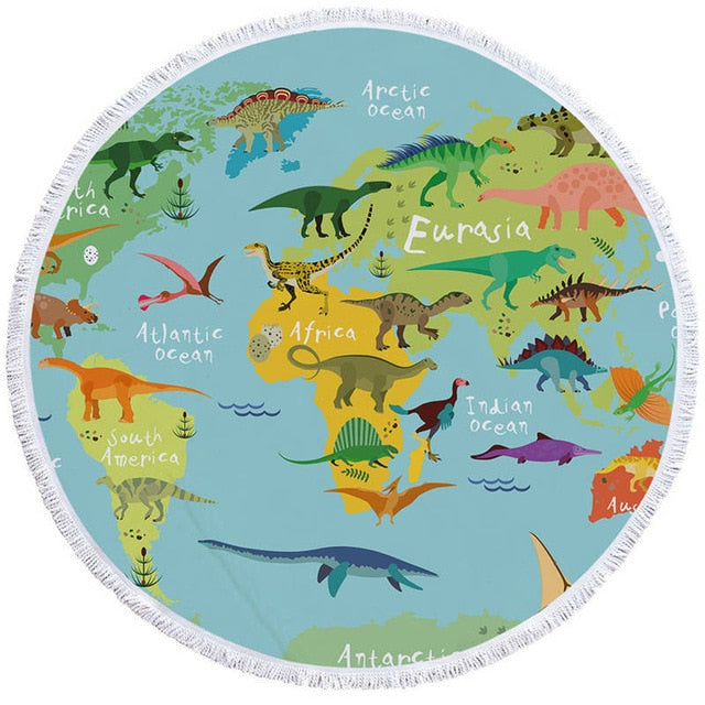 Dinosaur World Map Round Towel
